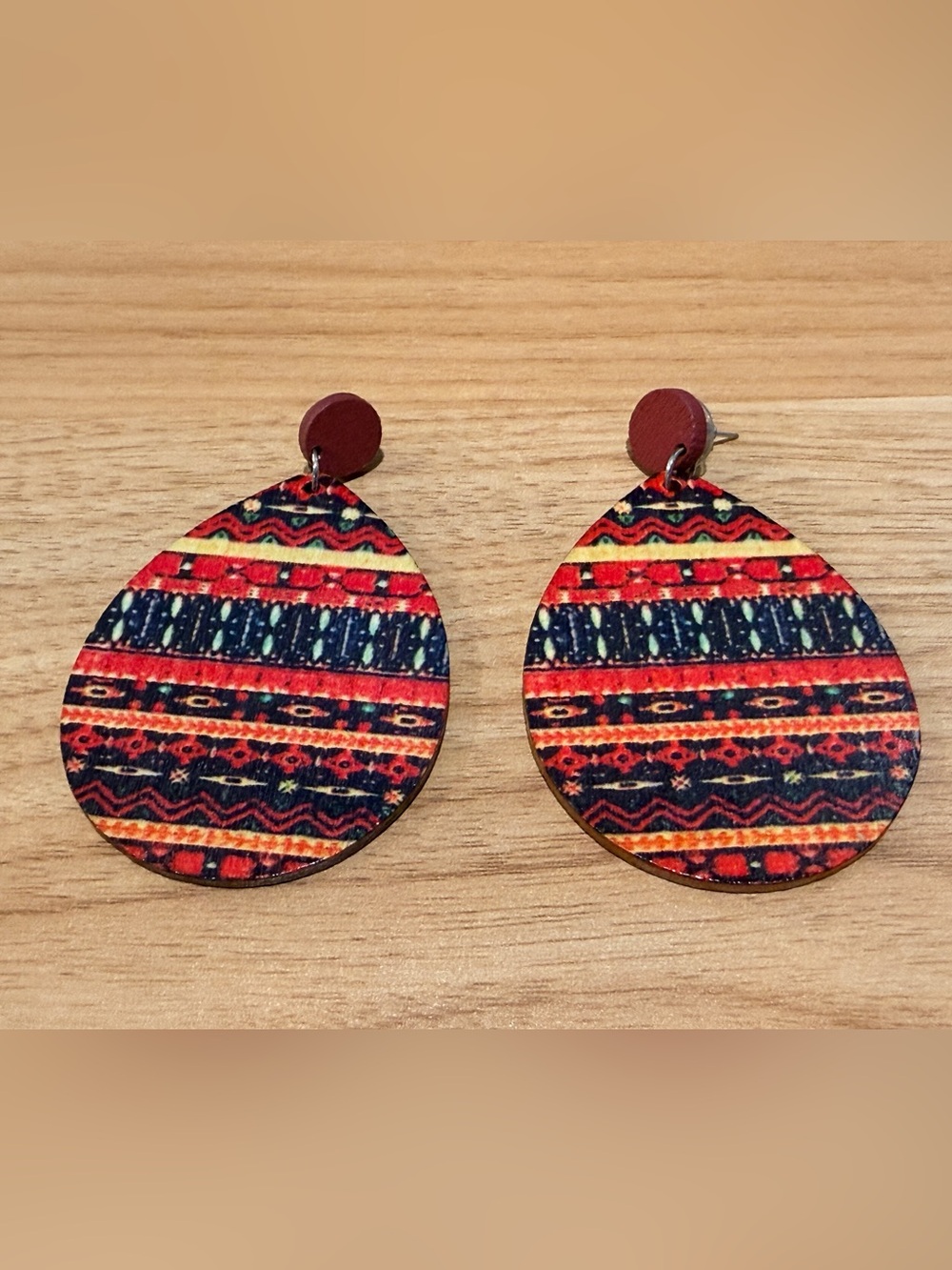 Boho Patterned Red and Navy Drop Earrings